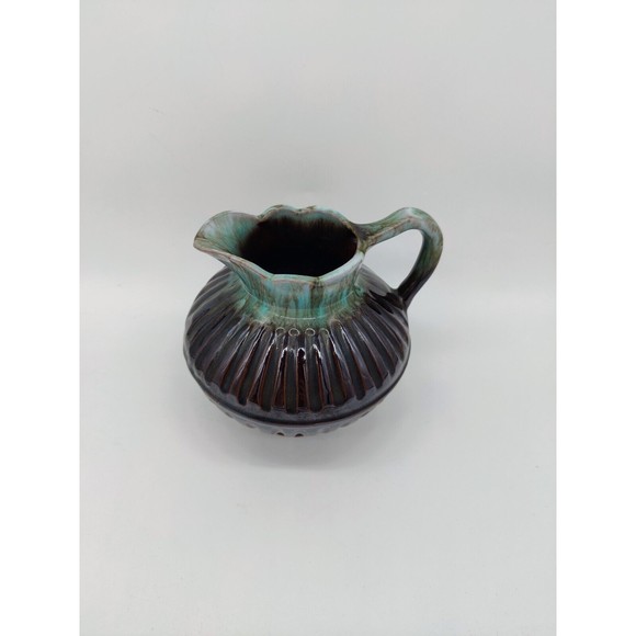 Vintage Pitcher Pottery Small Ribbed Scalloped Dainty Two Tone Teal Brown Handle - Picture 8 of 10